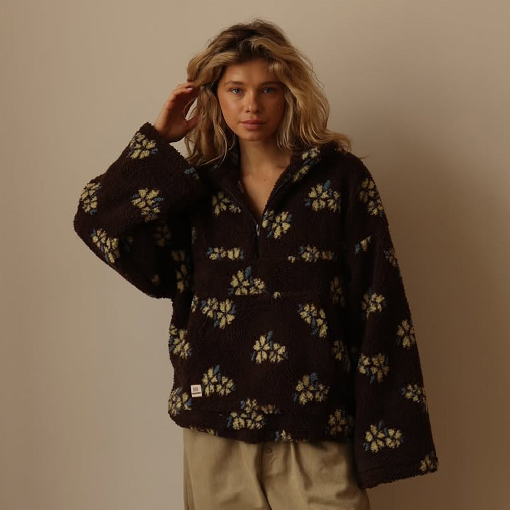 Floral Fleece Hoodie Women Loose Fit Stand Collar