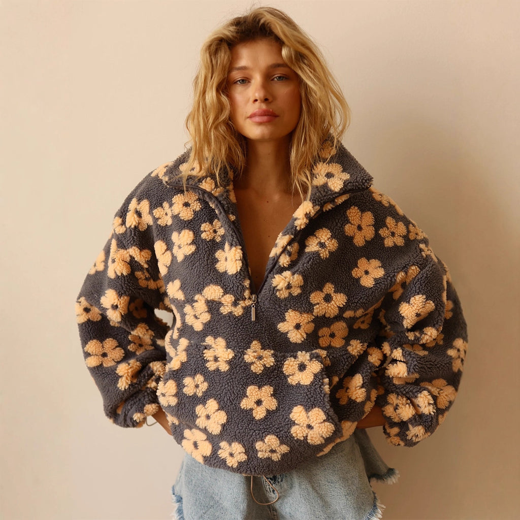 Floral Fleece Hoodie Women Loose Fit Stand Collar