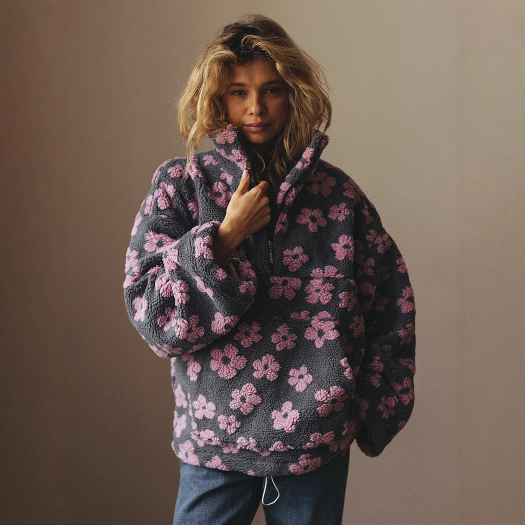 Floral Fleece Hoodie Women Loose Fit Stand Collar