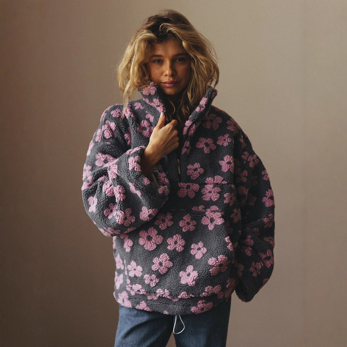 Floral Fleece Hoodie Women Loose Fit Stand Collar