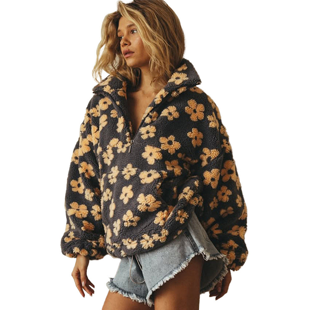 Floral Fleece Hoodie Women Loose Fit Stand Collar