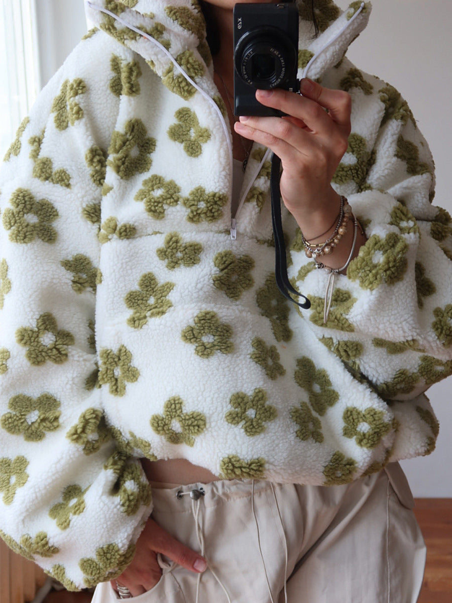 Floral Fleece Hoodie Women Loose Fit Stand Collar